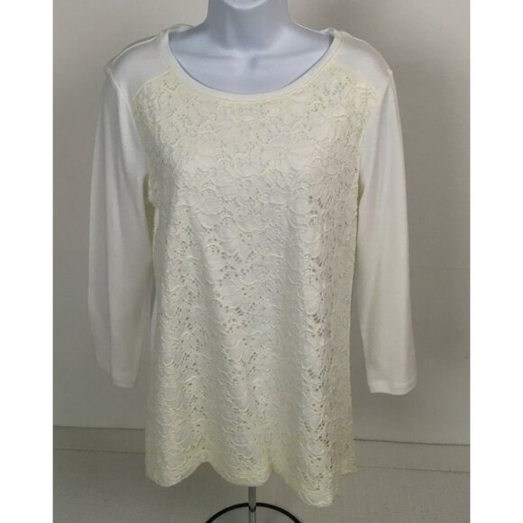 Croft and Barrow Women Top Size Small White with Floral Lace Front Short Sleeves - Picture 6 of 16